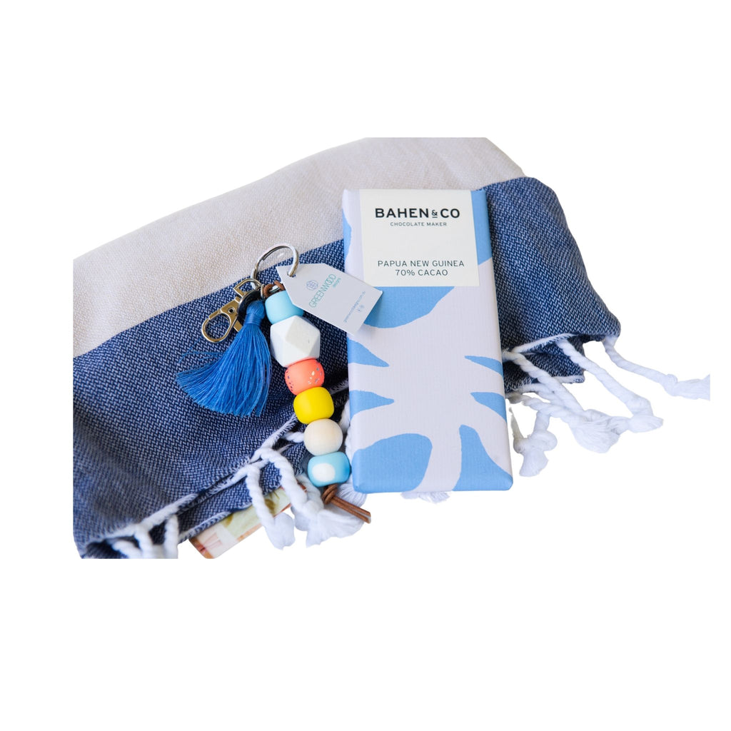 Club-Tropicana-Hamper-06-Knotty-Towel-Navy-Cream-and-Bahen-and-Co-75g-chocolate -and-greenwoods-designs-keychain-pattern