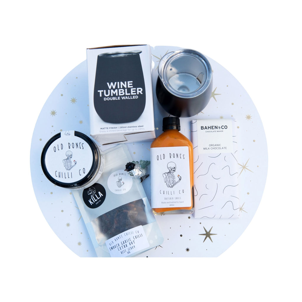 Spice-up-your-Life-05-hamper-Old-Bones-Chilli-Co-Salt-and-jerky-and-smoked-garlic-chilli-sauce-and-bahen-and-co-house-blend-chocolate-and black-tumbler