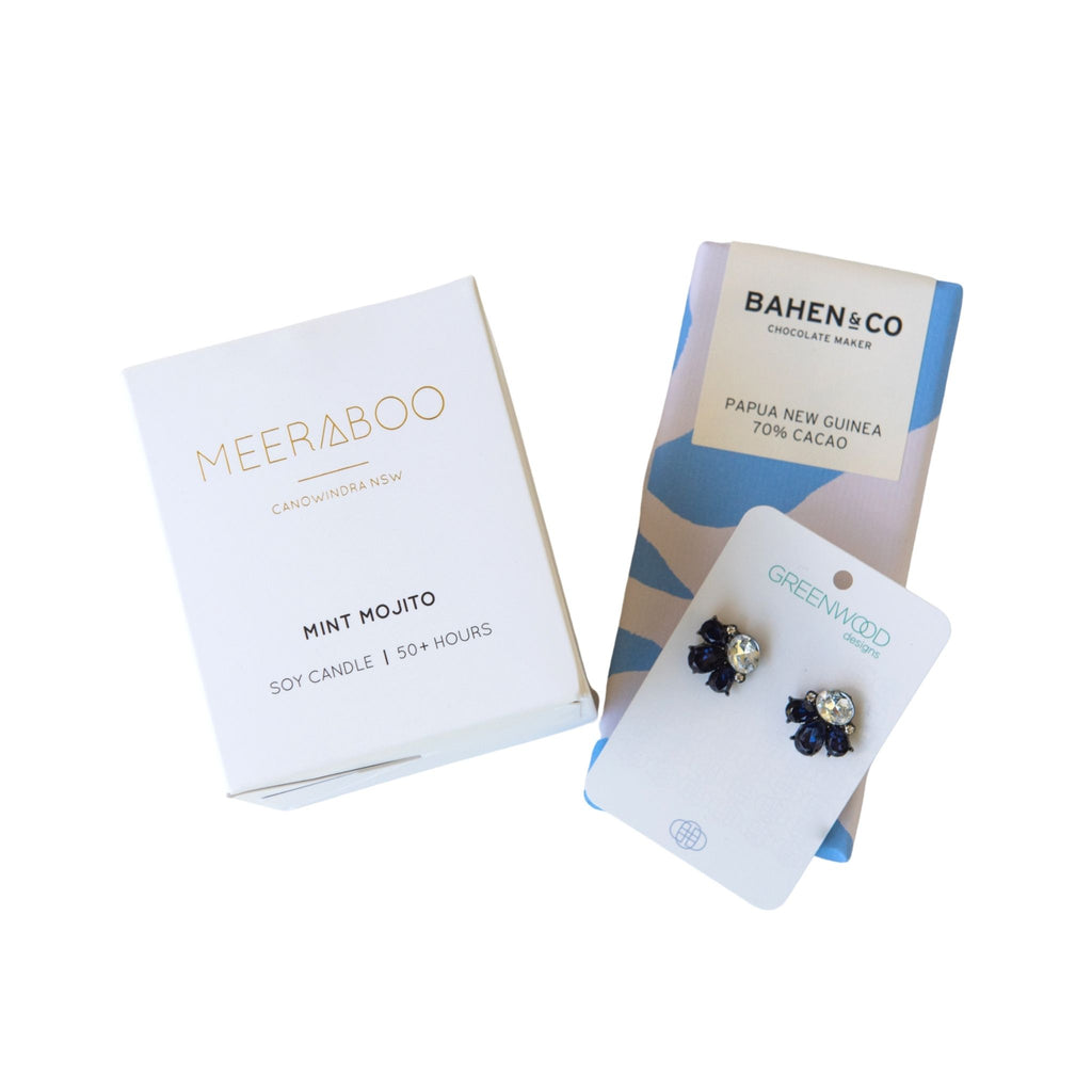 Over-the-Rainbow-02-Hamper-Meeraboo-Mint-Mojito-Soy-Candle-and-Greenwood-Designs-Bling-Earrings-068-and-Bahen-and-co-Papua-New-Guinea-70%-cacao-chocolate