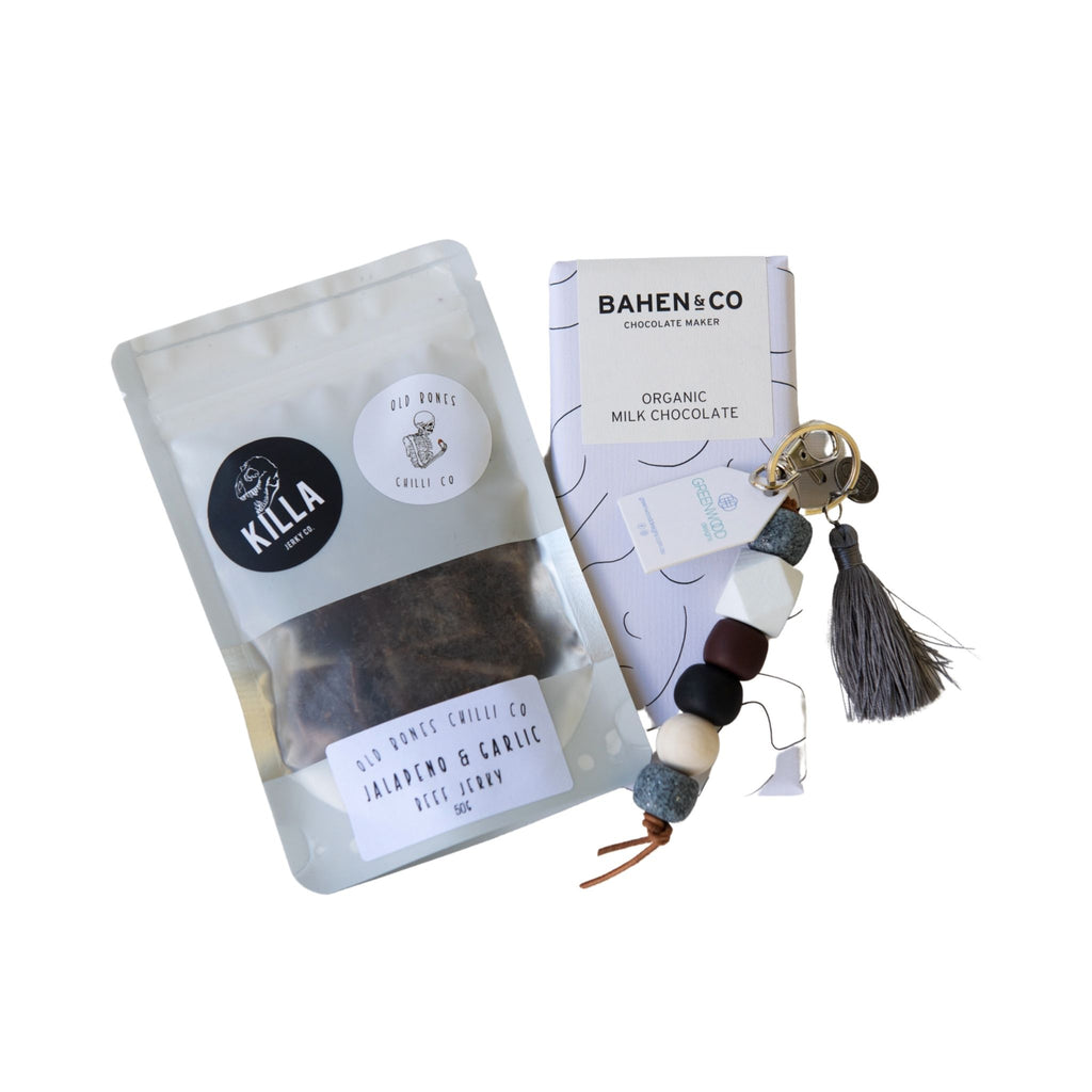 spice-up-your-life-hamper-01-bahen-and-co-house-blend-chocolate-and-old-bones-chilli-co-beef-jalapeno-jerky-and-greenwood-designs-keychain-neutral
