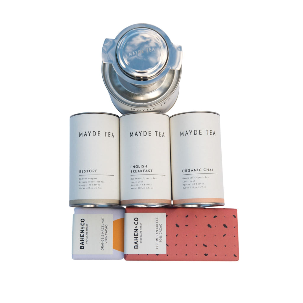 High-Society-Hamper-01-Mayde-Tea-Stainless-Steel-Infuser-Mayde-Tea-Tube-100g-and-Bahen-and-Co-chocolate-2 -bars-75g