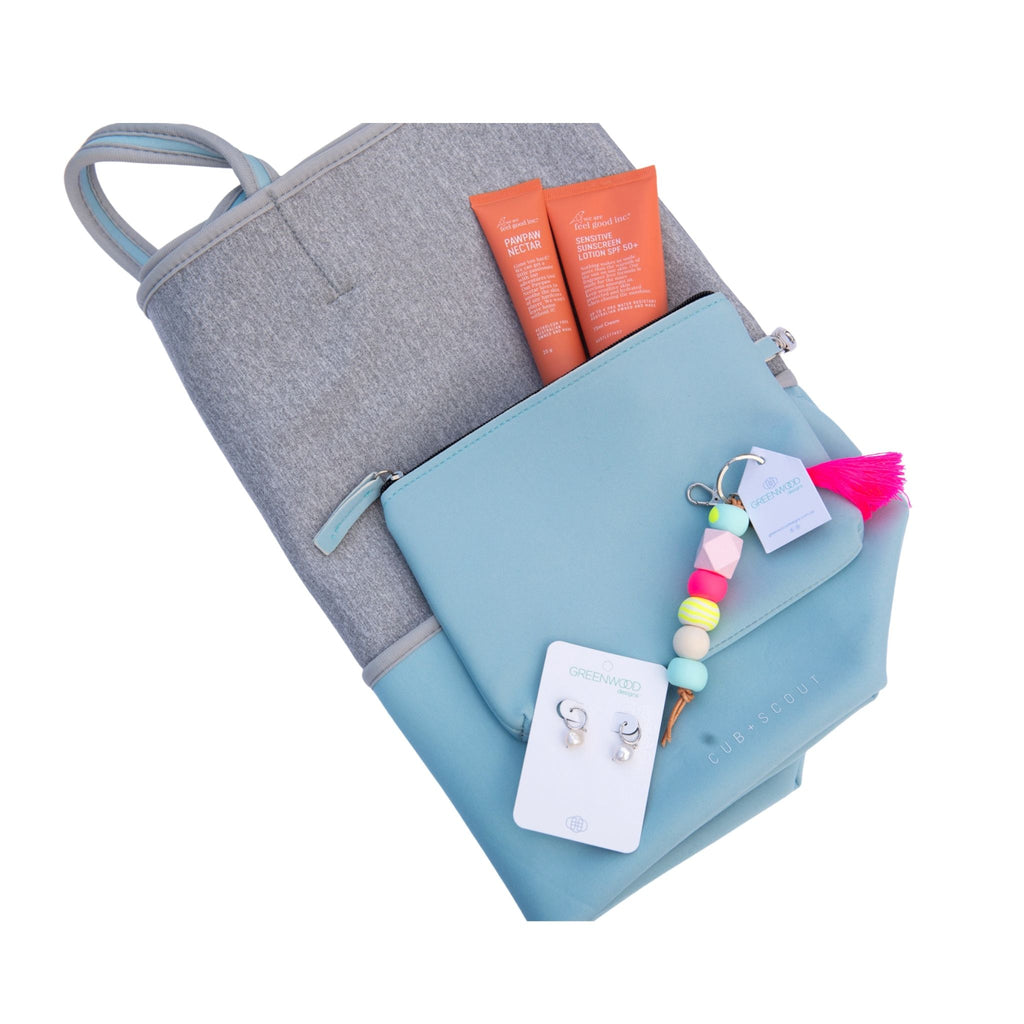Summer-Lovin-Hamper-02-Cub-and-Scout-Tote-bag-with-petit-pouch-and-We-are-Feel-Good-Inc-Paw-Paw-Nectar-and-Sensitive-sunscreen-and-greenwood-designs-keychain-bright-and-freshwater-pearl-earrings